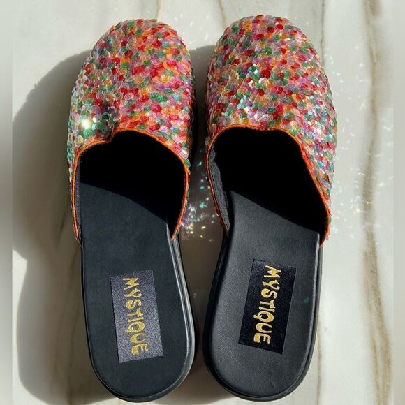 NIB Mystique Multi Colored Sequined Slide Sandals - Picture 2 of 11